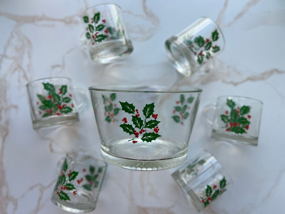 Vintage Bartlett Collins Holly Berry Ice Bucket Set Includes 6 Glasses