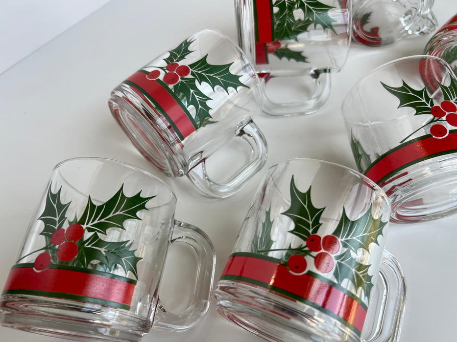 Vintage Libbey Holly and Ribbon Clear Glass Mugs