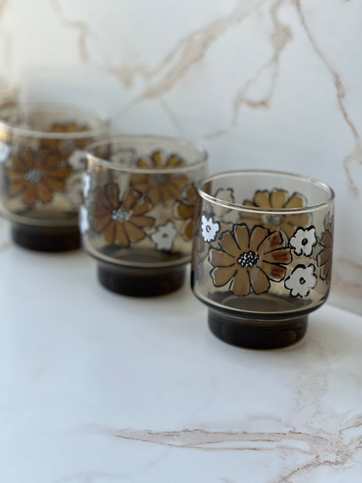 Vintage Libbey Tawny Brown Camellia Daisy Juice Glasses