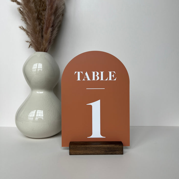 Terracotta Arched Table Numbers, Solid Color Acrylic With Walnut Base
