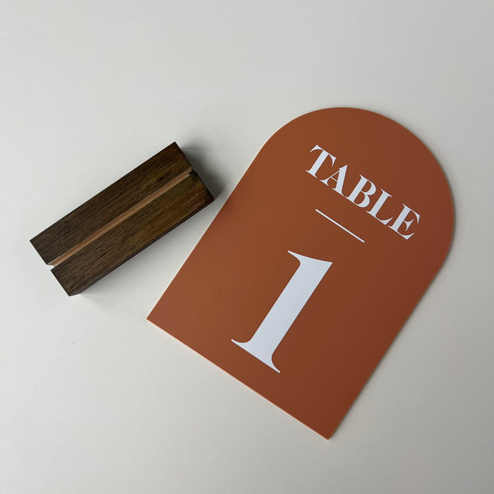 Terracotta Arched Table Numbers, Solid Color Acrylic With Walnut Base