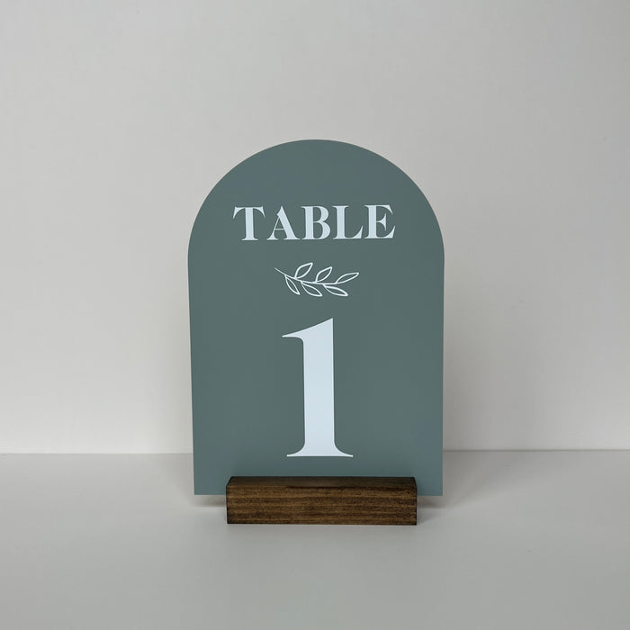 Sage Arched Table Numbers, Solid Color Acrylic With Walnut Base